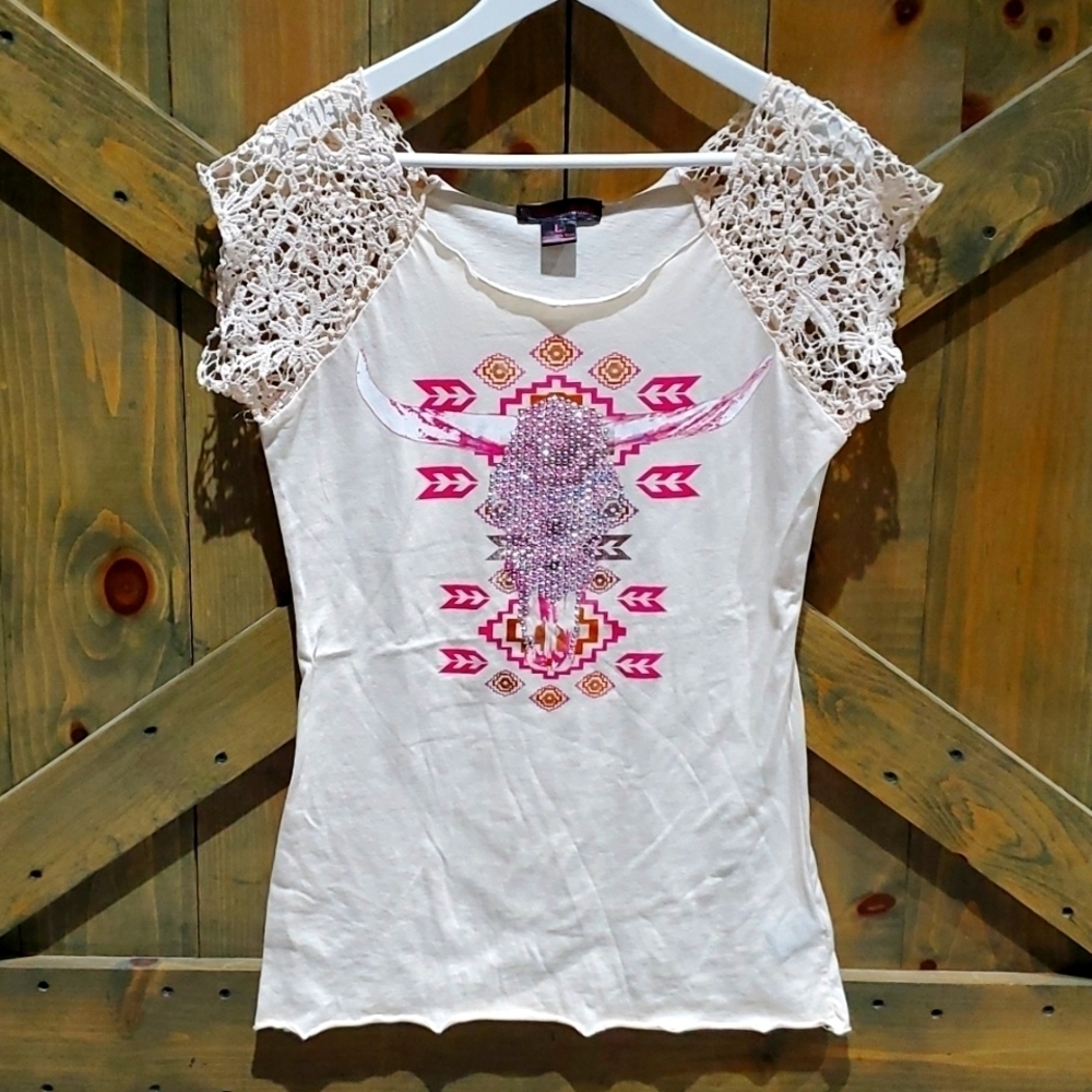 ROCK & ROLL COWGIRL BULLHEAD TOP W BLING  LACE CREAM PINK WESTERN